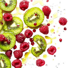 Kiwi and Raspberry Slices Scattering with Tangy Juice Isolated on Transparent Background