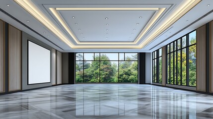Fototapeta premium Modern Ballroom Interior Design: 3D Render of Luxurious Event Space with Garden View AI Generated