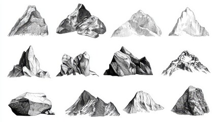 Naklejka premium Hand drawn pencil sketches illustrating varying mountain and rock formations