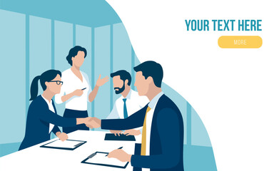 Agreement. A business people shaking hands after signing contract. Web template. Concept business vector illustration. 