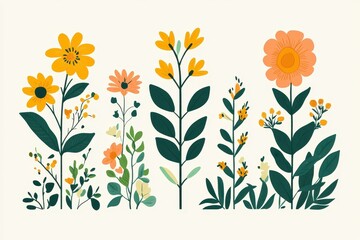 A vibrant illustration featuring various stylized wildflowers in bloom