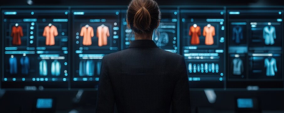 Hyper personalization AI concept. Female Professional Analyzing Virtual Clothing Store Interface Design