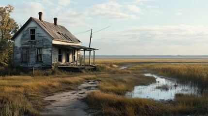 an old house with a marsh in the foreground on a sunny day.