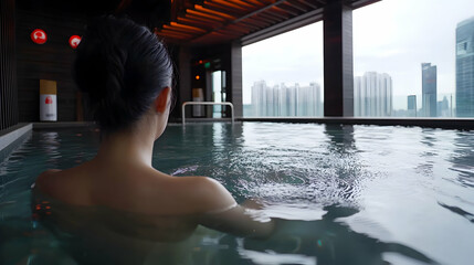 A woman relaxing in a hot tub with a city view