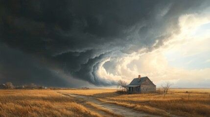 Fototapeta premium an old house standing in a field with a storm brewing overhead.