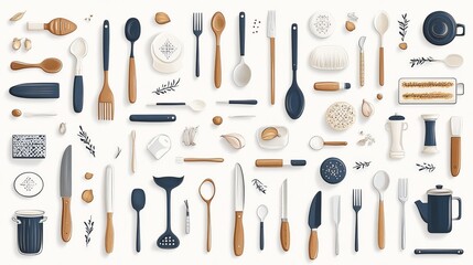 assorted kitchen utensils and cutlery on a surface.