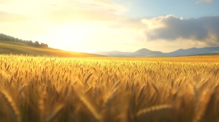 a golden field of wheat bathed in sunlight with a beautiful sky.