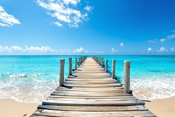 Fototapeta premium Wooden pier leading into clear turquoise ocean under a bright blue sky with fluffy white clouds, waves gently washing onto the sandy shore. Ai generative