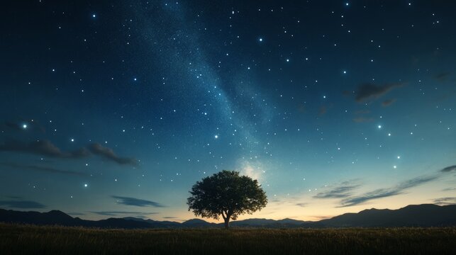 a tree silhouetted against a starry night sky - Powered by Adobe