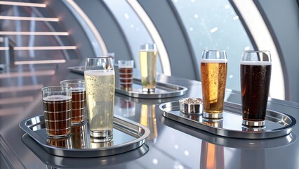 Drinks served on trays reflecting metallic surfaces in a modern setting with large windows showcasing a scenic view