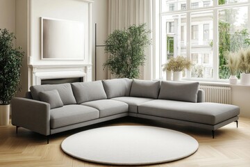 Fototapeta premium Modern grey sectional sofa in bright living room.