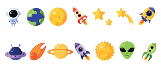Set of space icons isolated on white background. Collection of design elements: astronaut, planets, stars, alien, rocket, sun, comet, Earth, UFO, moon.Cartoon style. Flat design. Vector illustration.  © Anna