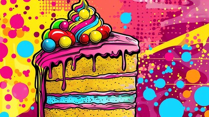 A cartoon-style slice of cake with colorful frosting and candy.
