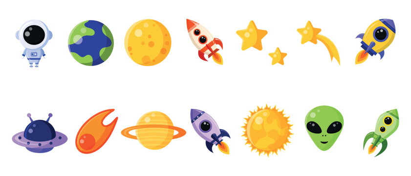 Set of space icons isolated on white background. Collection of design elements: astronaut, planets, stars, alien, rocket, sun, comet, Earth, UFO, moon.Cartoon style. Flat design. Vector illustration. 