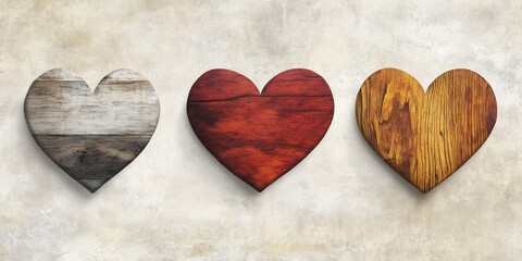 Three wooden hearts of different colors sit on a light background