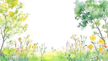 Fototapeta premium Watercolor Meadow Flowers and Lush Green Trees Artistic Backdrop Vibrant Floral Spring Garden Scene Landscape Illustration Serene Nature Background