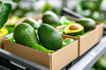 Fresh avocados rest in eco-friendly cartons, covered by slim protective film, showcasing a meticulous quality control process in a vibrant environment, ensuring optimal freshness