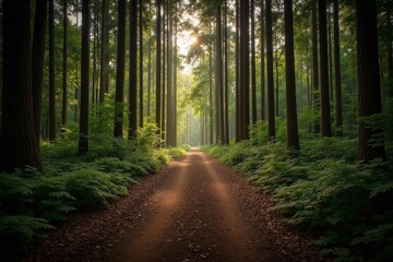Fototapeta premium trail in the woods with the sun shining through the trees