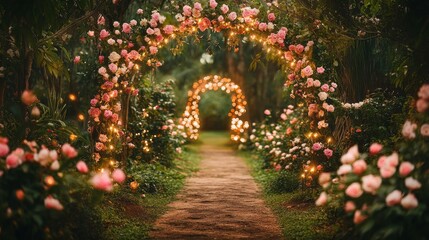 A picturesque pathway adorned with blooming flowers and twinkling lights creates a magical ambiance in the garden. The soft glow invites visitors to explore further in the tranquil setting