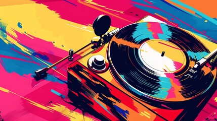 A colorful, graphic illustration of a record player.