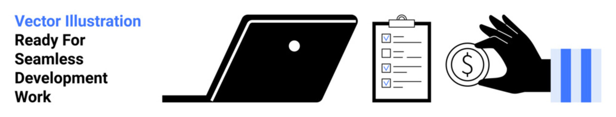 Laptop for digital tasks, clipboard for planning, hand with coin for investment. Ideal for business, finance, efficiency, planning, digital work startup and teamwork. Abstract line flat metaphor