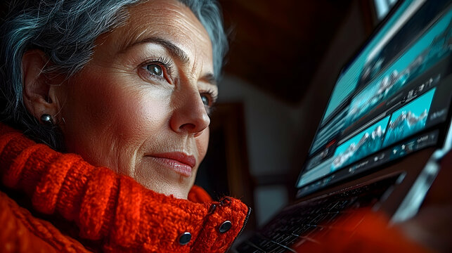 An older woman is focused on her computer screen intently