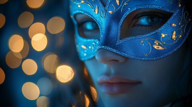 Woman with blue Venetian mask gazes alluringly near bokeh lights, night background
