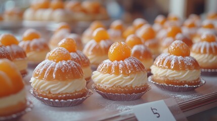 Delicious cupcakes with fruit toppings displayed in bakery window