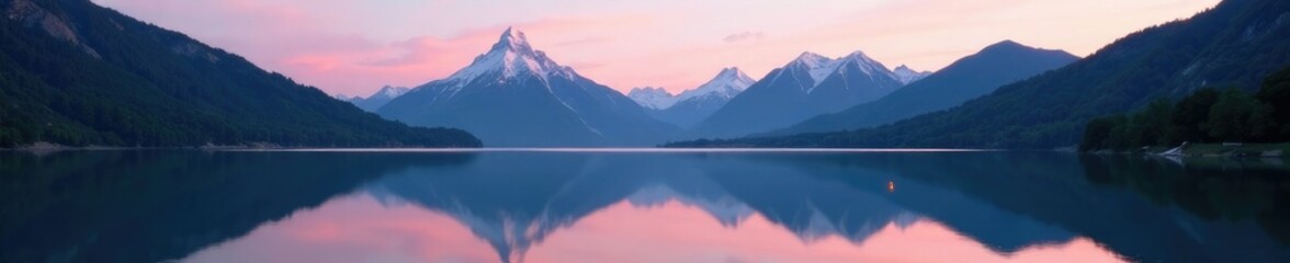 Fototapeta premium Serene mountain peaks reflected in mirror lake's calm surface at dusk, peaceful, lake, serene