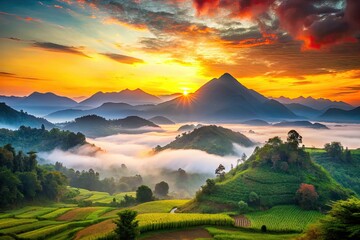 Fototapeta premium Serene Asian mountains bathed in sunrise, vibrant colors paint a misty valley; breathtaking scene.