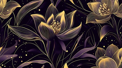 Seamless art deco floral pattern with intricate line work and gold accents