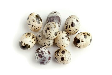 Obraz premium Cluster of speckled quail eggs on white background. AI generated