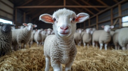 Obraz premium A serene close-up of a white lamb gazing with soulful eyes, framed by a soft pink nose, capturing innocence and grace