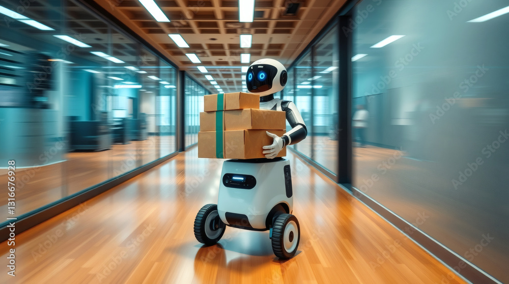 Poster robot courier moving with packages in a modern office setting, suggesting automation and innovation