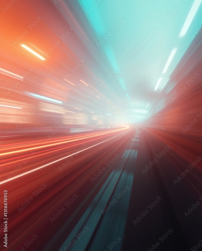 Poster dynamic streaks of light rushing through a tunnel, creating an abstract visual effect. The colors are vibrant, with streaks of red and white against a cool blue background