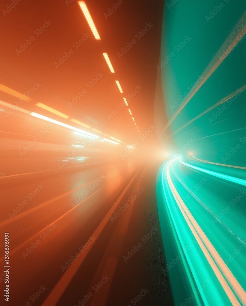 Poster driving through a tunnel at night with vibrant light trails. the image is dynamic and captures the s