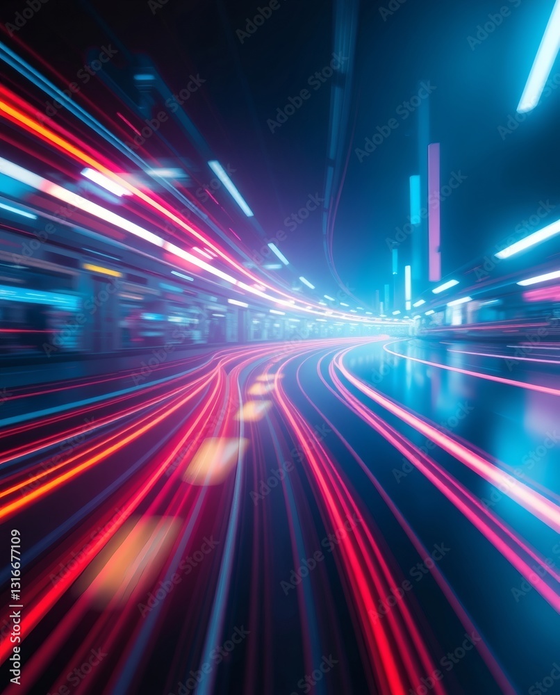 Poster a futuristic cityscape with glowing light trails, evoking a sense of speed and technological advance