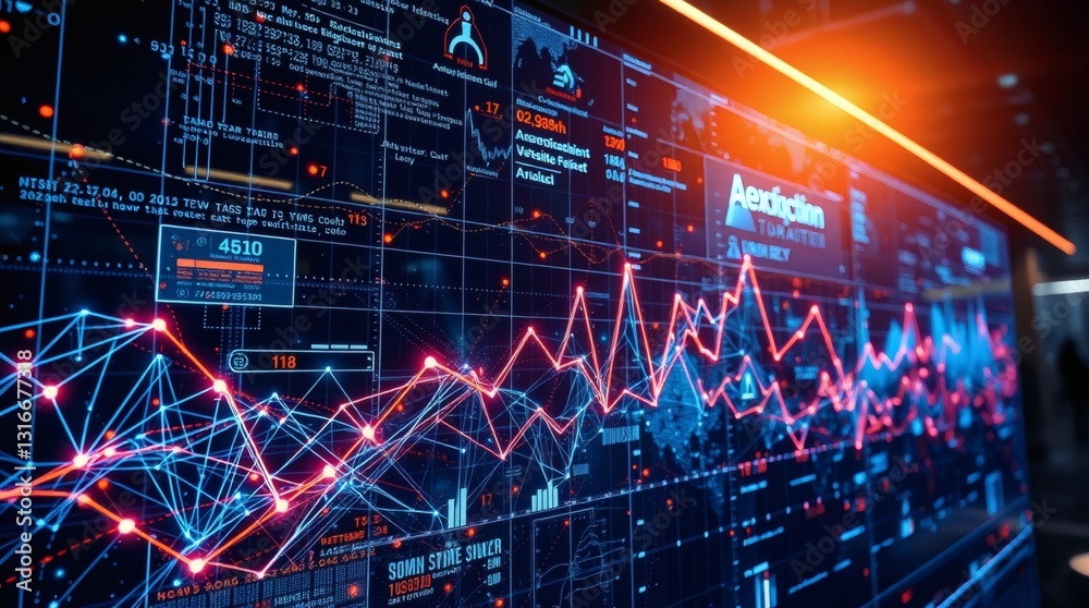 Poster a detailed, high-tech screen displaying complex data charts and graphs, symbolizing digital analysis and innovation