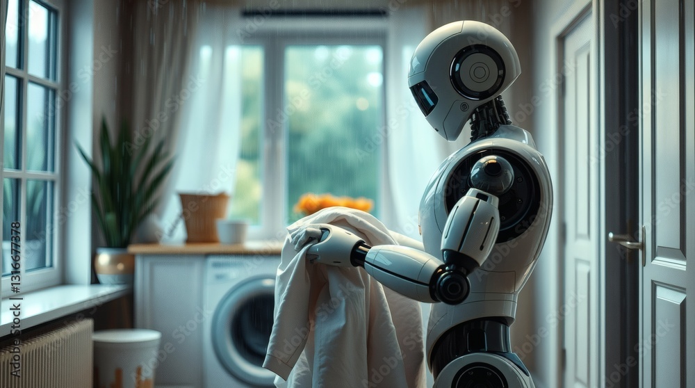 Poster A humanoid robot is folding a towel in a modern kitchen with a washing machine and window in the background. The robot is white with black accents and has a minimalist design.