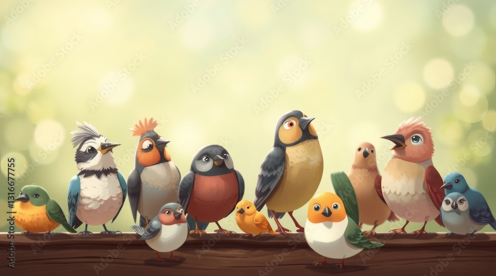 Poster an illustration of various cartoon birds with unique feathers and expressions sitting on a branch, w
