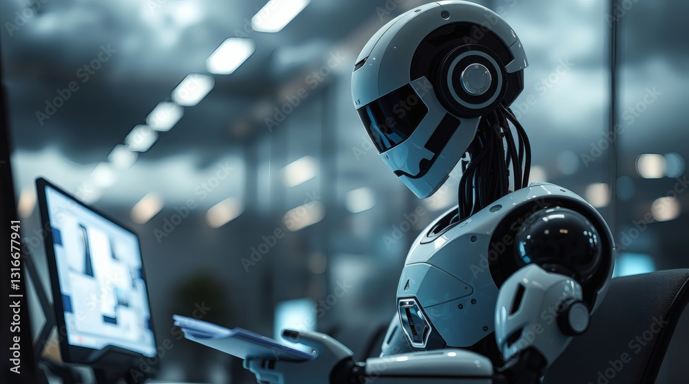 Poster a robot working diligently on a computer, displaying futuristic technology and artificial intelligence