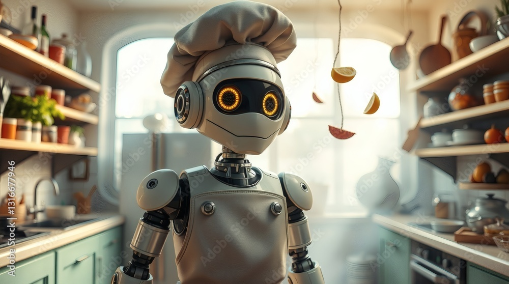 Poster robot chef in a kitchen, it wears chef's hat and apron