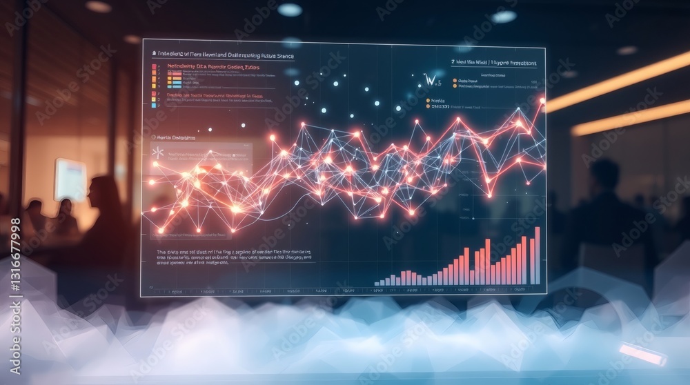 Poster a dynamic data visualization with a glowing line graph, set in a modern office environment, indicating business insights and success, with silhouettes of people in the background