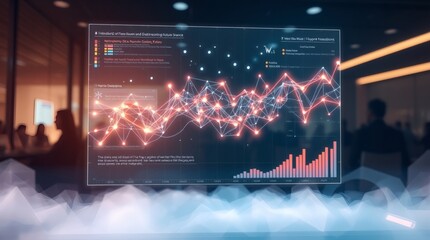 a dynamic data visualization with a glowing line graph, set in a modern office environment, indicating business insights and success, with silhouettes of people in the background