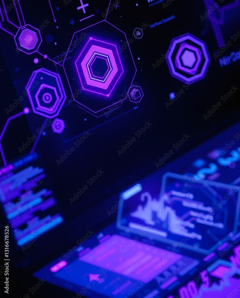 Aufkleber Purple and blue digital interface on a laptop screen showing data analysis and programming code. The image is dark with neon-like accents, creating a futuristic and technological aesthetic
