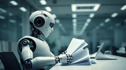 a humanoid robot meticulously reviewing documents in a modern office setting. The robot is depicted with a serious expression, showcasing its ability to perform tasks with precision and efficiency