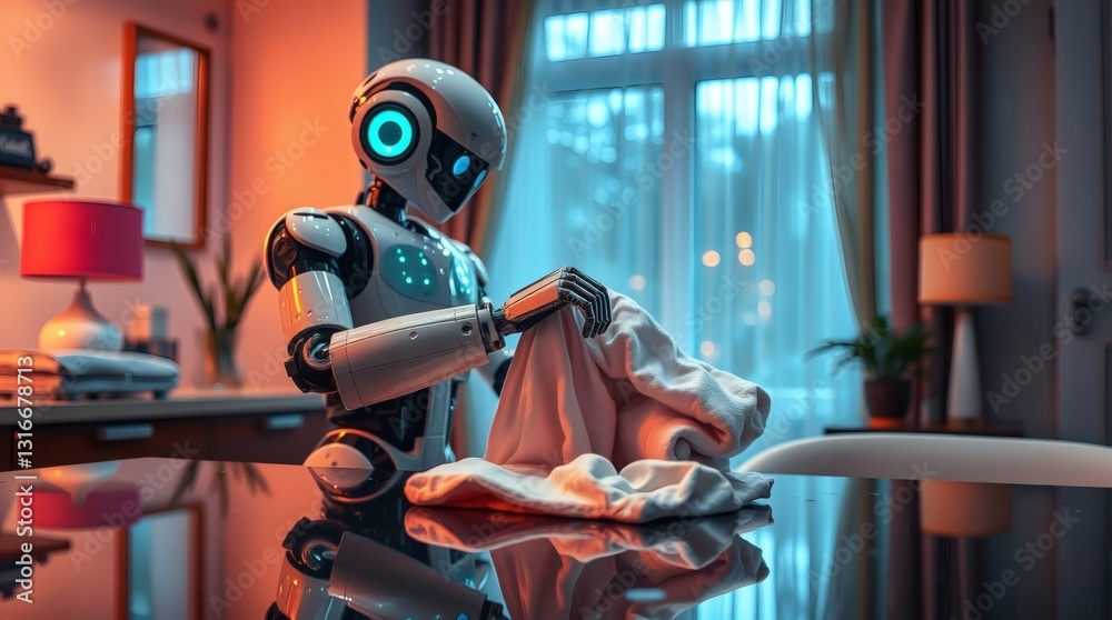 Poster a robot diligently folding clothes on a shiny table in a well-lit room. the scene evokes a sense of 