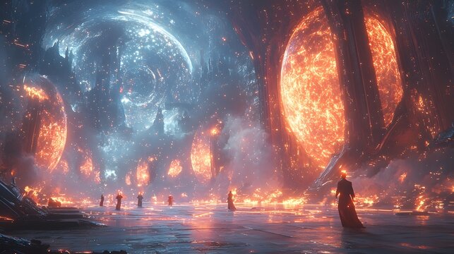 Futuristic Arena with Glowing Holograms in a Combat Setting