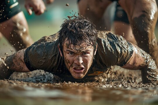A rugby player scoring a try, determination.