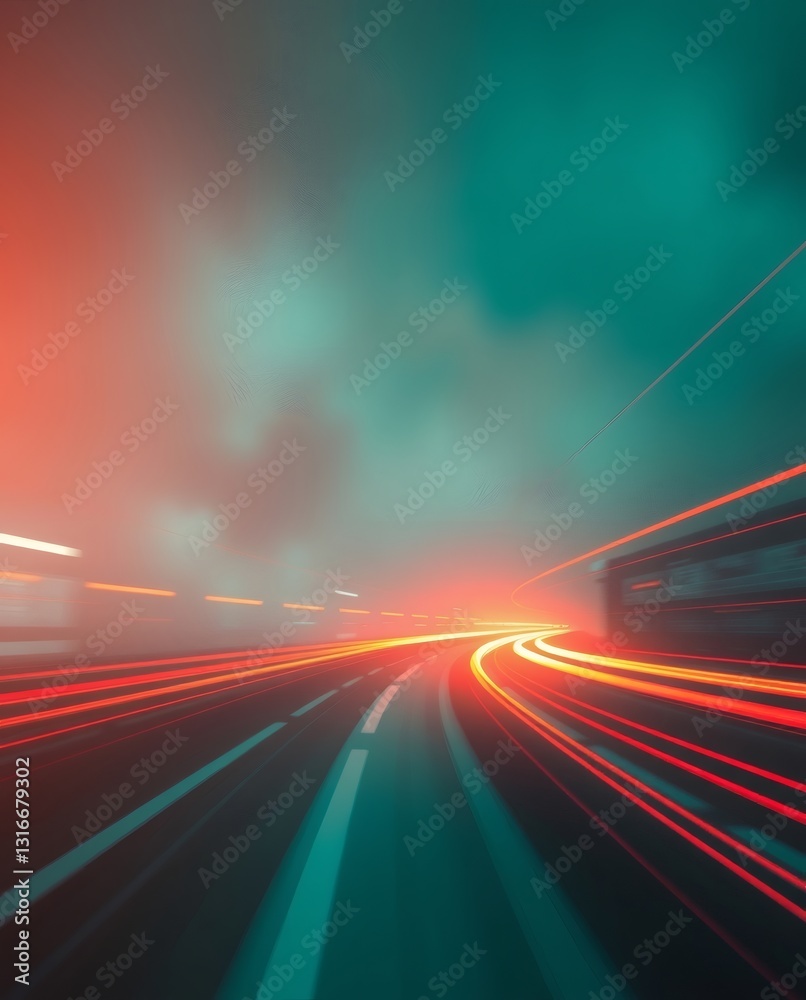 Poster a mesmerizing view of a winding highway illuminated by vibrant streaks of light and fog